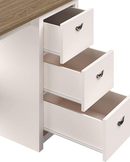 Lavish Home Traditional Desk with Attached 3-Drawer File Cabinet-for Home Office, Bedroom, Computer, or Craft Table, White and Wood Finish - LeafyLoom