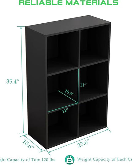 6-Cube Storage Shelf Bookcase - Wooden 3-Tier Floor Standing Open Bookshelf for Home and Office, Display Cabinet, Black - LeafyLoom