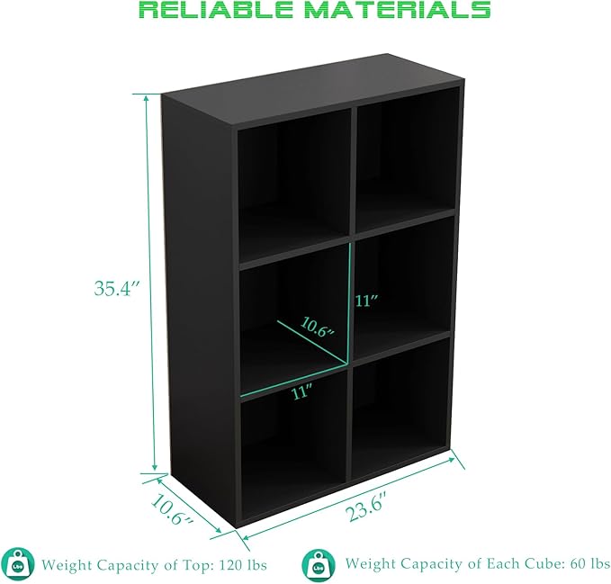 6-Cube Storage Shelf Bookcase - Wooden 3-Tier Floor Standing Open Bookshelf for Home and Office, Display Cabinet, Black - LeafyLoom