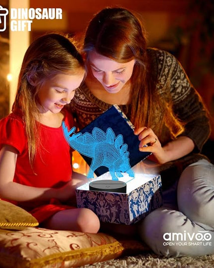 Dinosaur 3D Night Light for Kids 16 Colors Changing 3D Optical Illusion Lamp with Smart Touch & Remote Control, Best Gift for Girls Boys Kids (Stegosaurus) - LeafyLoom