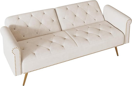 Button Tufted Upholstered Convertible Folding Sleeper Sofa Bed Futon Loveseat Couch Recliner Daybed with Adjustable and Nailhead Trim for Living Room, Bedroom, Beige 69.7" - LeafyLoom