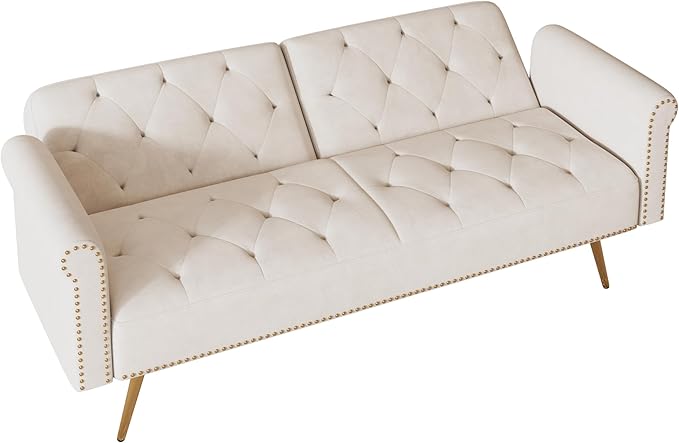 Button Tufted Upholstered Convertible Folding Sleeper Sofa Bed Futon Loveseat Couch Recliner Daybed with Adjustable and Nailhead Trim for Living Room, Bedroom, Beige 69.7" - LeafyLoom