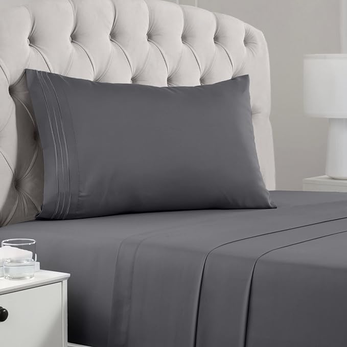 Mellanni Twin XL Sheets Set - 3 PC Iconic Collection Bedding Sheets & Pillowcases - Hotel Luxury, Extra Soft, Cooling Bed Sheets - Deep Pocket up to 16 inch (Twin Extra Long, Gray) - LeafyLoom