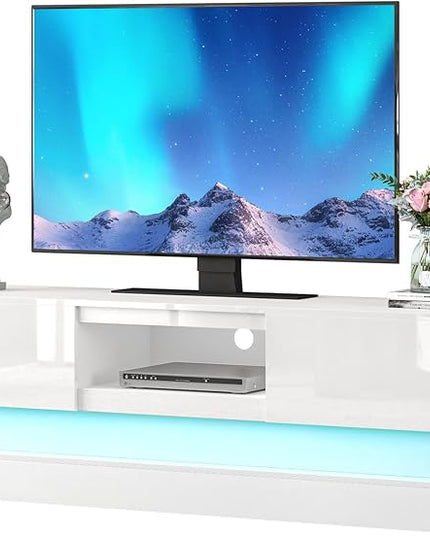 Modern TV Stand Glossy White - TV Console with Led Lights and Storage Drawers for Televisions up to 70 Inchs - Media Entertainment Center for Living Room, Bedroom - LeafyLoom