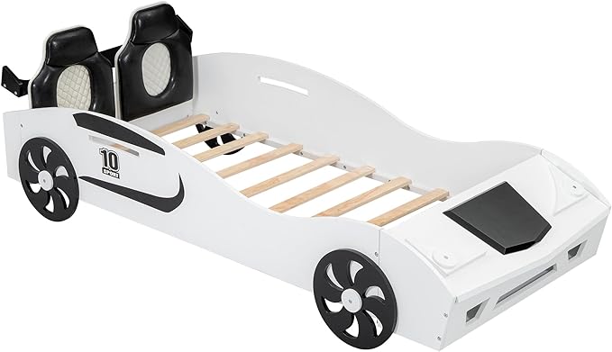Twin Race Car-Shaped Bed with Storage Space & Upholstered Backrest,Wood Bedframe W/Safety Guardrail,Slats Support,No Box Spring Required,Fun Play for Boys Kids Toddlers Child's Bedroom,White - LeafyLoom
