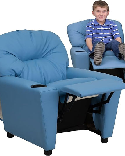 Flash Furniture Chandler Vinyl Kids Recliner with Cup Holder and Safety Recline, Contemporary Reclining Chair for Kids, Supports up to 90 lbs., Light Blue - LeafyLoom