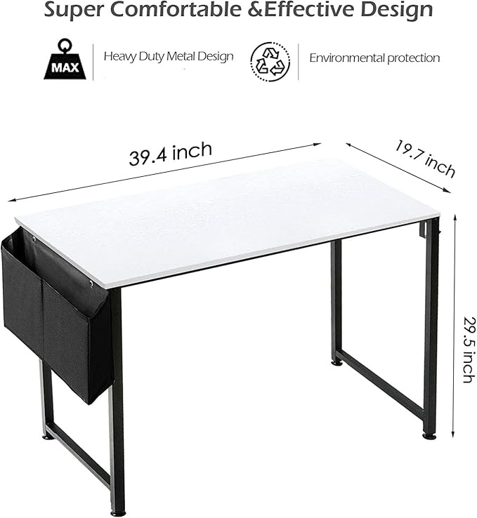 Lufeiya Computer Desk White Writing Table for Small Spaces Home Office 39 Inch Modern Study PC Des,with Storage Bag Hook (White Black) - LeafyLoom
