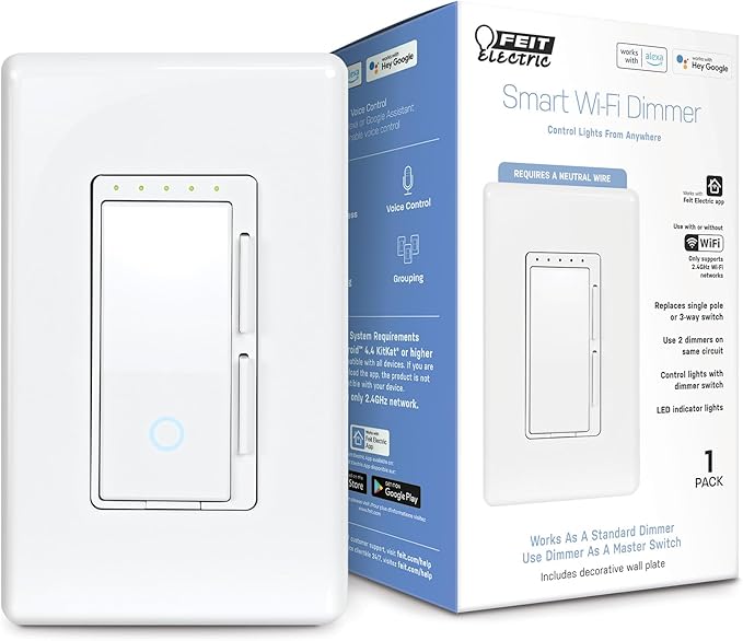 Feit Electric Smart Dimmer Switch, Neutral Wire Required for Installation, Compatible with Amazon Alexa and Google Assistant, Smart Dimmer Light Switch, White, Model:DIM/WiFi FeitElectricCompany