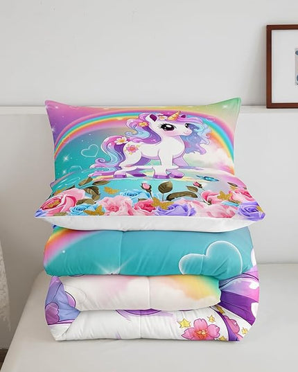 Cartoon Unicorn Kids Comforter Set Queen Size,Roses Flowers Butterfly Princess Bedding Set,Girls Women Room Decor,Rainbow Unicorn Cute Down Comforter,Pink Blue Romantic Duvet Insert,2 Pillowcases - LeafyLoom