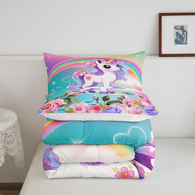 Cartoon Unicorn Kids Comforter Set Queen Size,Roses Flowers Butterfly Princess Bedding Set,Girls Women Room Decor,Rainbow Unicorn Cute Down Comforter,Pink Blue Romantic Duvet Insert,2 Pillowcases - LeafyLoom