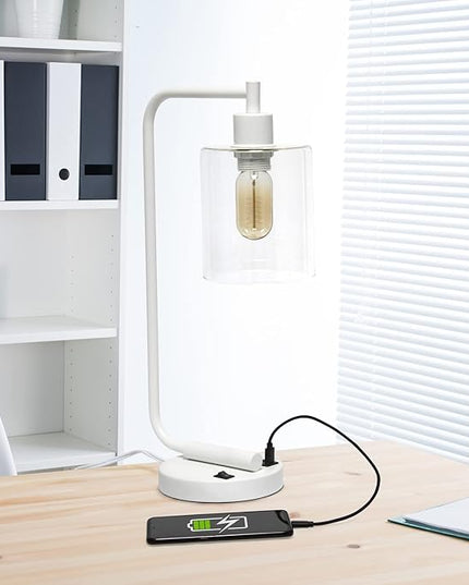 Simple Designs LD1066-WHT Bronson Antique Style Industrial Iron Lantern Desk Bedside Table Lamp with Dual 2 USB Charging Ports and Glass Shade, White - LeafyLoom
