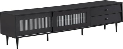 Merax Chic Elegant Design TV Stand with Sliding Fluted Glass Doors and Ample Space, Slanted Drawers Media Console for Televisions Up to 75", Modern Storage Cabinet, 70.86 inch Length, Black - LeafyLoom