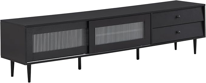 Merax Chic Elegant Design TV Stand with Sliding Fluted Glass Doors and Ample Space, Slanted Drawers Media Console for Televisions Up to 75", Modern Storage Cabinet, 70.86 inch Length, Black - LeafyLoom