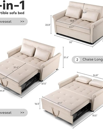 COMHOMA 55" Sleeper Sofa Bed, 3-in-1 Pull Out Couch with Adjustable Backrest and Pillows, Convertible Sleeper Couch for Living Room and Office (White) - LeafyLoom