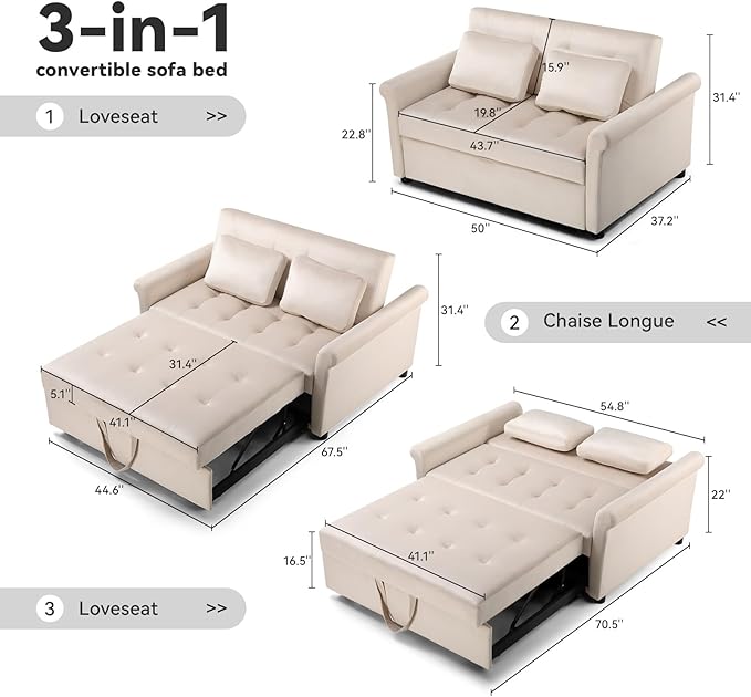 COMHOMA 55" Sleeper Sofa Bed, 3-in-1 Pull Out Couch with Adjustable Backrest and Pillows, Convertible Sleeper Couch for Living Room and Office (White) - LeafyLoom