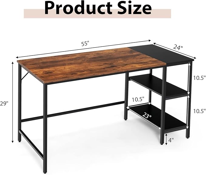 Multifunctional Computer Desk, Industrial Study Writing Desk w/Removable Storage Shelf, Heavy-Duty Metal Frame, 55 Inch Desk for Home Office, Gaming Room, Bedroom (Rustic Brown) - LeafyLoom