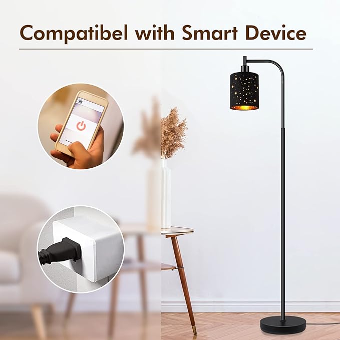 Industrial Floor Lamp, Modern Standing Lamps for Bedroom with 6W LED Bulb, Foot Switch, Farmhouse Floor Lamp with Decorative Lampshade, Metal Tall Stand up Light, Vintage Lamp for Living Room, Black - LeafyLoom