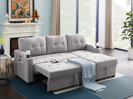 83 Inch Convertible L Shaped Sleeper Sectional Sofa Linen with Storage Chaise, Pull Out Bed, Cup Holder, USB Charging Port, Side Pocket, Reversible Corner Couch Design, 83inch, Light Grey - LeafyLoom