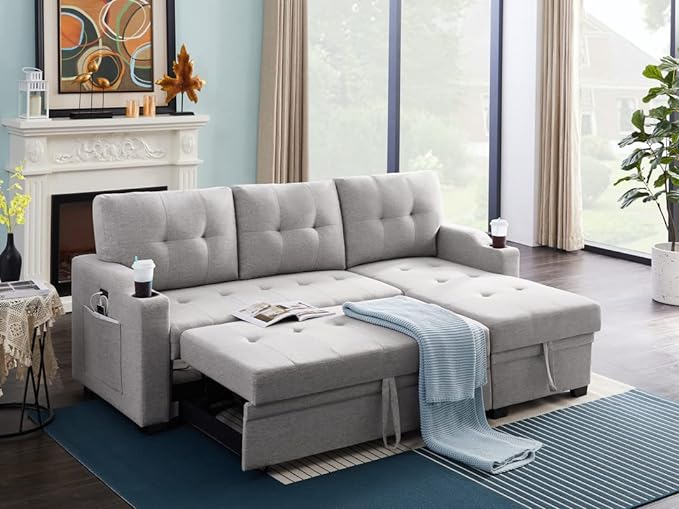 83 Inch Convertible L Shaped Sleeper Sectional Sofa Linen with Storage Chaise, Pull Out Bed, Cup Holder, USB Charging Port, Side Pocket, Reversible Corner Couch Design, 83inch, Light Grey - LeafyLoom