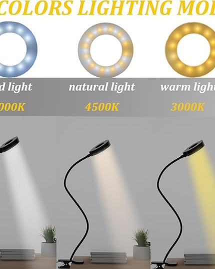 KBG Desk Lamp Clip on Light, 3 Color Modes & 10 Brightness Flexible Gooseneck Desk Lamp, Eye Protection Desk Light for Kids Reading Book in Bed at Night Clip on Table, Computer, Zoom Meetings - LeafyLoom