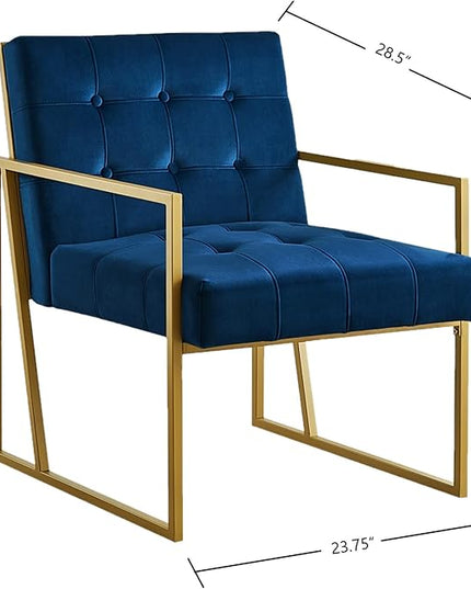 24KF Modern Navy Velvet Button Tufted Accent Chair with Golden Metal Stand, Decorative Furniture Chairs for Living Room Bedroom - Navy - LeafyLoom