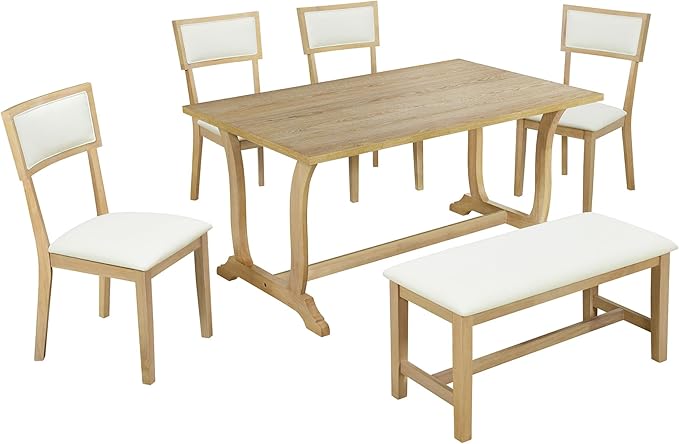 Farmhouse Style Trestle Upholstered 4 Chairs and Bench, Rubber Wood w/Flower Buds Shaped Legs Room, Kitchen, Brown+Beige, 6 Piece Dining Table Set - LeafyLoom