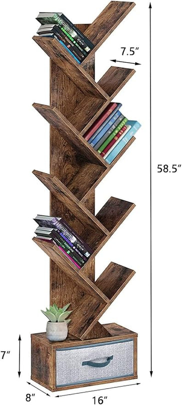 Tree Bookshelf with Drawer,Bookcase ,Bookshelves,Rack,Storage Rack,Holder,Organizer for Books,Wood Bookshelves,Book Tree,NarrowBookshelf Board Game Storage(Color:Rustic Brown), r-09 - LeafyLoom