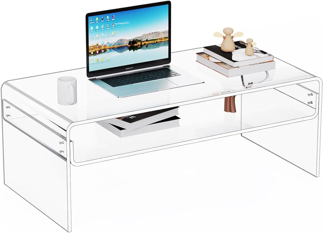 Acrylic Coffee Table for Living Room Clear Rectangle Lucite Table with Open Storage Shelf, Clear - LeafyLoom