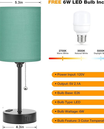 Dicoool Green Table Lamps 3 Color Temperatures - 2700K 3500K 5000K Bedside Lamp with USB C and A Ports, Pull Chain Lamp for Bedroom with AC Outlet, Nightstand Lamp with Black Metal Base for Kids Boys - LeafyLoom