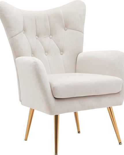 US Pride Furniture Modern Accent Chair with Ergonomic High Wingback, Microfiber Upholstered Armchair with Metal Legs for Living Room, Bedroom, Office or Vanity, Ivory - LeafyLoom