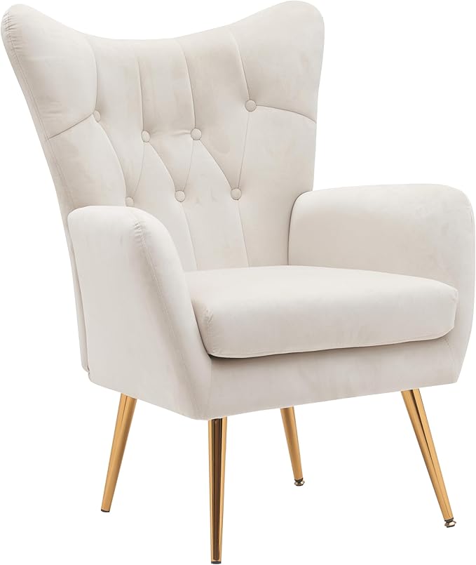 US Pride Furniture Modern Accent Chair with Ergonomic High Wingback, Microfiber Upholstered Armchair with Metal Legs for Living Room, Bedroom, Office or Vanity, Ivory - LeafyLoom