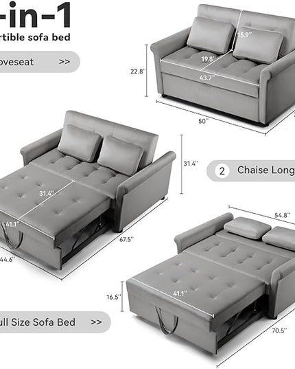 COMHOMA 55" Sleeper Sofa Bed, 3-in-1 Pull Out Couch with Adjustable Backrest and Pillows, Convertible Sleeper Couch for Living Room and Office (Grey) - LeafyLoom