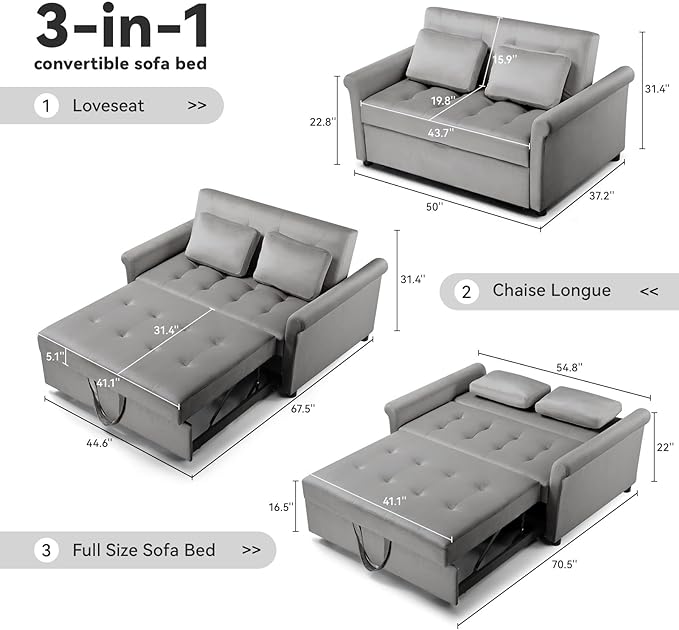 COMHOMA 55" Sleeper Sofa Bed, 3-in-1 Pull Out Couch with Adjustable Backrest and Pillows, Convertible Sleeper Couch for Living Room and Office (Grey) - LeafyLoom