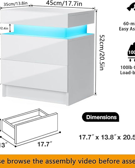 HOMMPA LED Nightstand White Nightstand with Led Lights Modern Night Stand with 2 High Gloss Drawers Led Bedside Table Smart Nightstand for Bedroom 20.5” Tall - LeafyLoom
