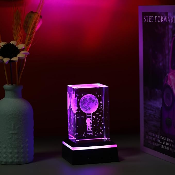 Glass Paperweight,K9 Crystal Cube with Changeable 7-Color Changing Lamp,Nice Birthday Gifts,Decent Ornament in Home and Office - LeafyLoom