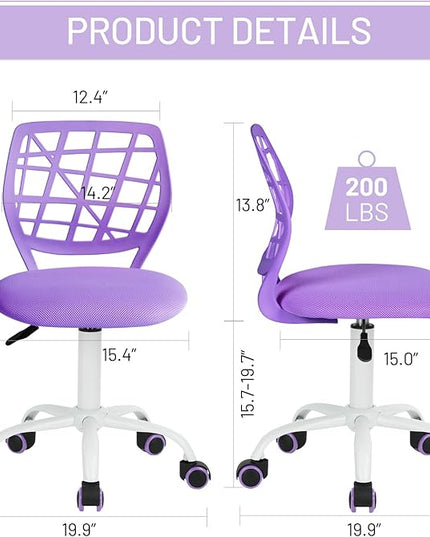 FurnitureR Kids Desk Chair, Armless Small Adjsutable Swivel Task Chair with Soft Cushion for Study Kids Teens Child, Purple - LeafyLoom