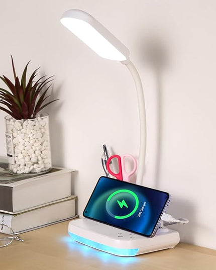 LED Rechargeable Desk Lamp, 5-in-1 Small Desk Lamp with USB Charging Port, Pen Holder, Night Light, Portable Desk Light for Home Office Student Children Kids College Dorm (White) - LeafyLoom