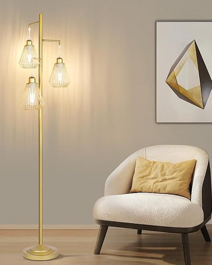 QiMH Industrial Floor Lamps for Living Room, Tree Standing Lamp with 3 Teardrop Cage Shades, 68" Modern Tall Lamps for Bedroom Office Home Light Decor, E26 Socket, Pedal Switch, Brass Gold - LeafyLoom