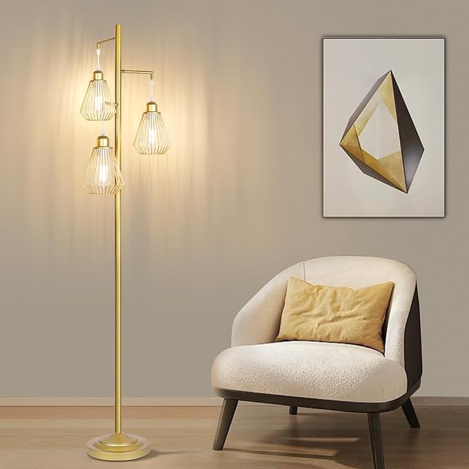 QiMH Industrial Floor Lamps for Living Room, Tree Standing Lamp with 3 Teardrop Cage Shades, 68" Modern Tall Lamps for Bedroom Office Home Light Decor, E26 Socket, Pedal Switch, Brass Gold - LeafyLoom