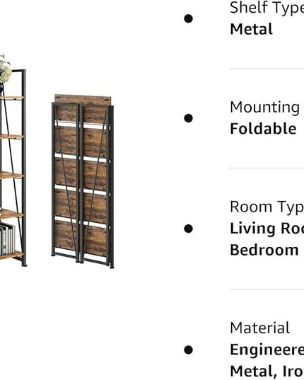 No-Assembly Folding Bookshelf Storage Shelves 5 Tiers Vintage Multifunctional Plant Flower Stand Storage Rack Shelves Bookcase for Home Office(Firestone and Black) - LeafyLoom