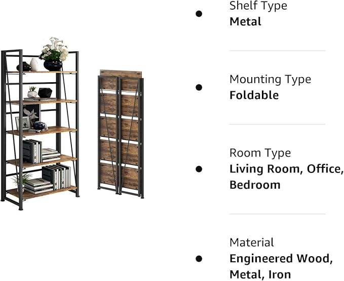 No-Assembly Folding Bookshelf Storage Shelves 5 Tiers Vintage Multifunctional Plant Flower Stand Storage Rack Shelves Bookcase for Home Office(Firestone and Black) - LeafyLoom