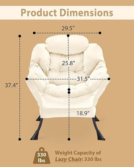 Lazy Chair Thick Padded, Accent Chair Velvet Upholstered with Wide Seat, Stable Metal Frame and Non-Slip Pad, Modern Sofa Armchair with Side Storage Bag for Dorm, Room, Office, Beige - LeafyLoom