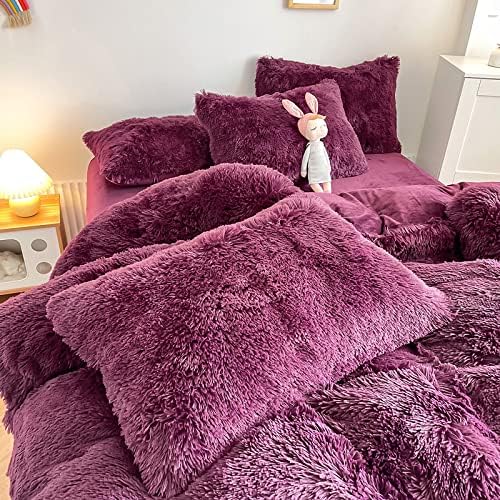 Faux Fur Kids Girls Grape Purple Comforter Sets King - 3PC Bed Set Warm Comfortable Soft Plush Flannel Velvet Fluffy Fuzzy Bedding（Comforter x 1 Pillowcases x 2） - LeafyLoom