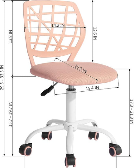 FurnitureR Desk Chair Armless Home Office Task Chair with Mesh Padded Cushion Swivel Study Chair with Rolling Wheels for Teens Child Kids Girls，Pink Plica - LeafyLoom