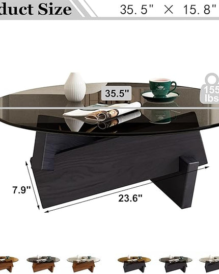 Coffee Table, Round Coffee Table for Living Room Modern Glass Coffee Table with Solid Wood Legs Farmhouse Mid Century Center Table Large Circle Cocktail Table (Black + Brown, 35.4in) - LeafyLoom