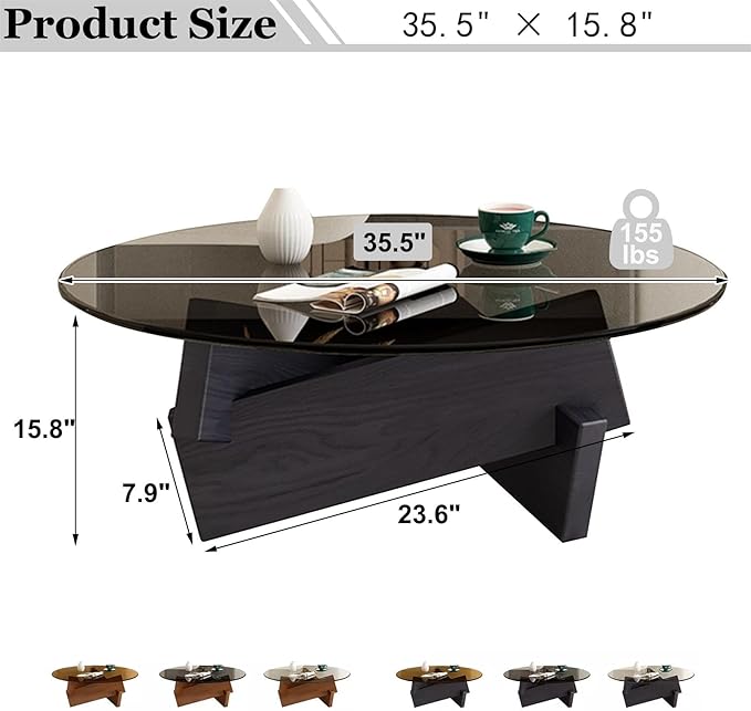 Coffee Table, Round Coffee Table for Living Room Modern Glass Coffee Table with Solid Wood Legs Farmhouse Mid Century Center Table Large Circle Cocktail Table (Black + Transparent, 35.4in) - LeafyLoom