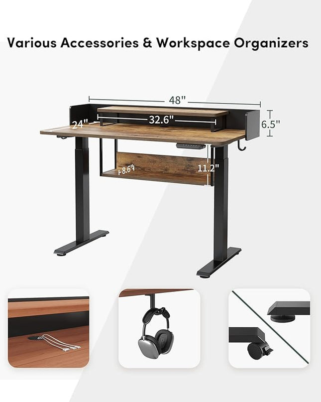 BANTI 48"x24" Standing Desk Adjustable Electric Height with Monitor Stand, Double Storage Shelves Stand Up Desk, Home Office Workstation Sit Stand up Desk (Rustic Brown) - LeafyLoom