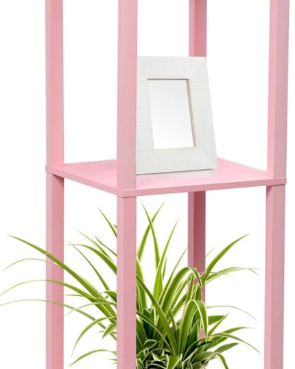 Simple Designs LF1014-LPK-LB Three Shelf Etagere Organizer Storage Floor Lamp with White Linen Shade for Living Room, Bedroom, Office, Hallway, Light Pink, with Feit LED Bulb Included - LeafyLoom