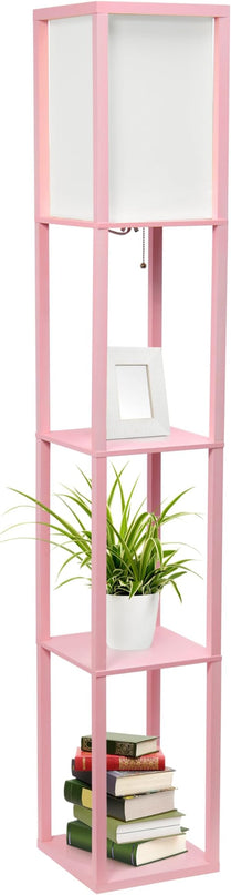Simple Designs LF1014-LPK-LB Three Shelf Etagere Organizer Storage Floor Lamp with White Linen Shade for Living Room, Bedroom, Office, Hallway, Light Pink, with Feit LED Bulb Included - LeafyLoom