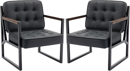 COLAMY Mid Century Modern Accent Chair Set of 2, Comfy Living Room Chair, Black Leather Accent Chair, Faux Leather Reception Armchair with Metal Legs for Living Room Bedroom Reception Office, Black - LeafyLoom